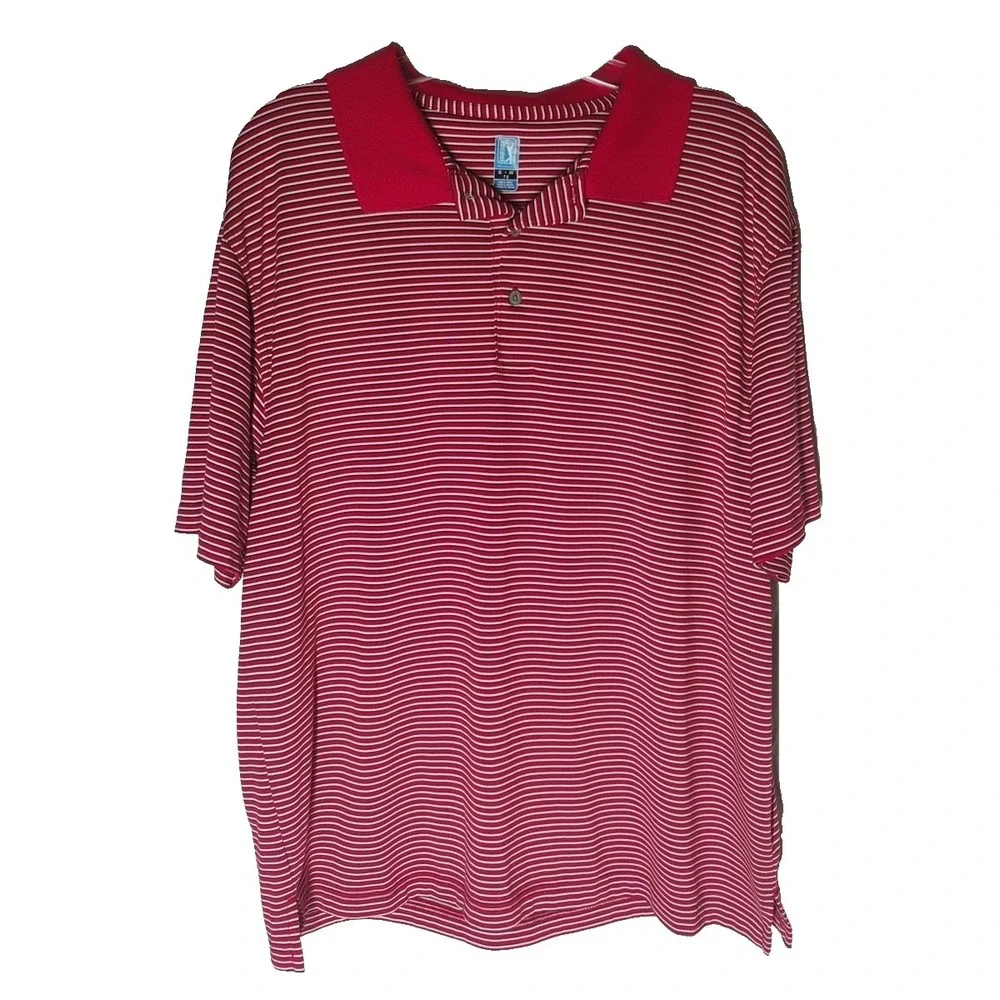 PGA Tour Mens XL Extra Large Red Striped‎ Polo Golf Shirt